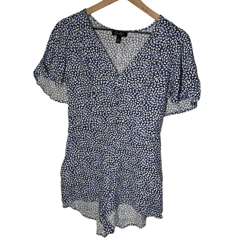 Jessica Simpson Blue Print Romper Short Sleeve Flutter Sleeve S